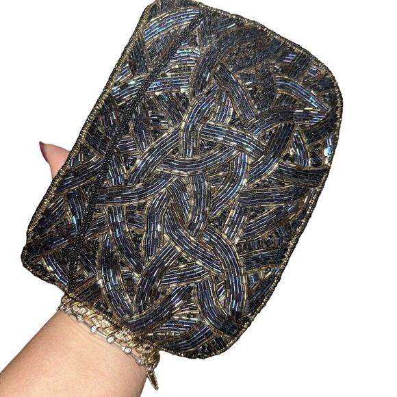 Beaded Clutch Black Blue Gold Hand Beaded Throughout Handbag Purse Evening Party - Picture 6 of 9